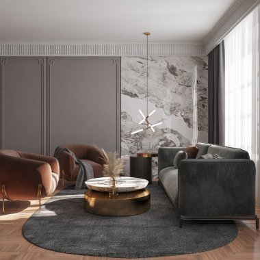 3D tasviri, büyük lüks, modern, parlak iç mekânlar sunuyor. Oturma odasındaki model bilgisayarlar dijital olarak oluşturuluyor.