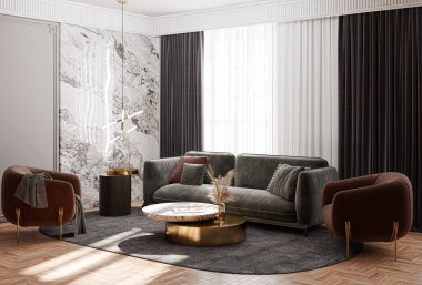 3D tasviri, büyük lüks, modern, parlak iç mekânlar sunuyor. Oturma odasındaki model bilgisayarlar dijital olarak oluşturuluyor.