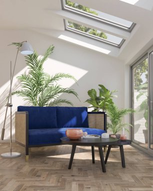 3D tasviri, büyük lüks, modern, parlak iç mekânlar sunuyor. Oturma odasındaki model bilgisayarlar dijital olarak oluşturuluyor.