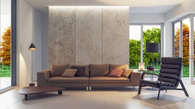 3D tasviri, büyük lüks, modern, parlak iç mekânlar sunuyor. Oturma odasındaki model bilgisayarlar dijital olarak oluşturuluyor.