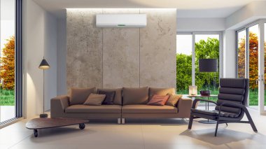 Büyük lüks, modern, aydınlık bir oturma odası. Klima modelleme çizimi 3D.