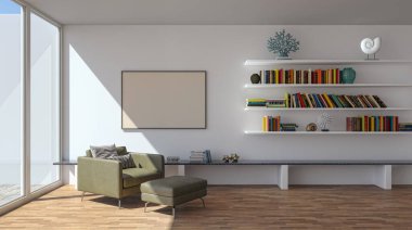 3D tasviri, büyük lüks, modern, parlak iç mekânlar sunuyor. Oturma odasındaki model bilgisayarlar dijital olarak oluşturuluyor.