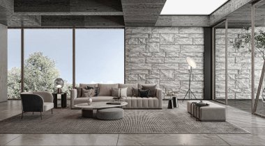 3D tasviri, büyük lüks, modern, parlak iç mekânlar sunuyor. Oturma odasındaki model bilgisayarlar dijital olarak oluşturuluyor.