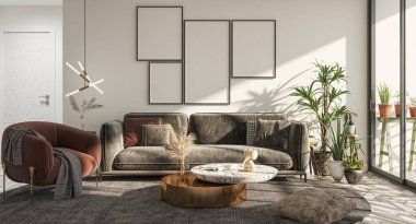 3D tasviri, büyük lüks, modern, parlak iç mekânlar sunuyor. Oturma odasındaki model bilgisayarlar dijital olarak oluşturuluyor.