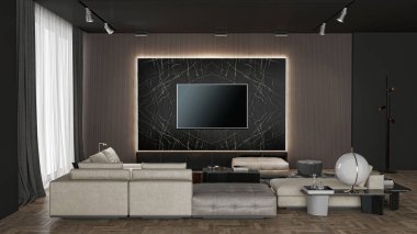 3D tasviri, büyük lüks, modern, parlak iç mekânlar sunuyor. Oturma odasındaki model bilgisayarlar dijital olarak oluşturuluyor.