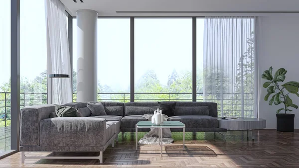 3D tasviri, büyük lüks, modern, parlak iç mekânlar sunuyor. Oturma odasındaki model bilgisayarlar dijital olarak oluşturuluyor.