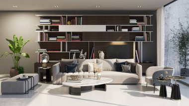 3D tasviri, büyük lüks, modern, parlak iç mekânlar sunuyor. Oturma odasındaki model bilgisayarlar dijital olarak oluşturuluyor.