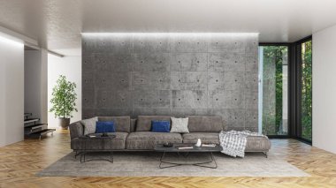3D tasviri, büyük lüks, modern, parlak iç mekânlar sunuyor. Oturma odasındaki model bilgisayarlar dijital olarak oluşturuluyor.