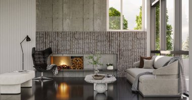 3D tasviri, büyük lüks, modern, parlak iç mekânlar sunuyor. Oturma odasındaki model bilgisayarlar dijital olarak oluşturuluyor.