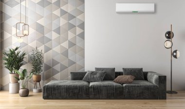 Büyük lüks, modern, aydınlık bir oturma odası. Klima modelleme çizimi 3D.