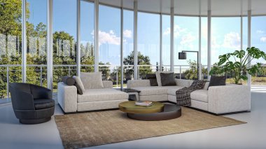 3D tasviri, büyük lüks, modern, parlak iç mekânlar sunuyor. Oturma odasındaki model bilgisayarlar dijital olarak oluşturuluyor.