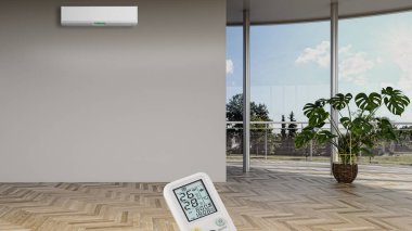 Büyük lüks, modern, aydınlık bir oturma odası. Klima modelleme çizimi 3D.