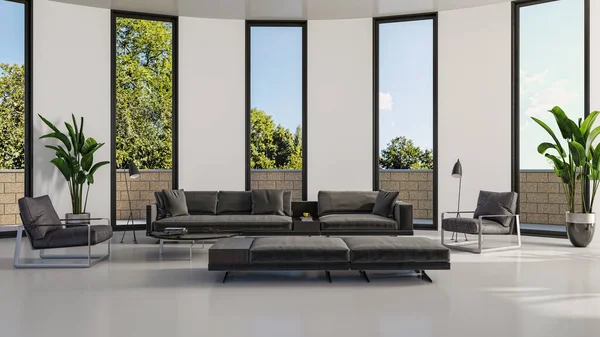 3D tasviri, büyük lüks, modern, parlak iç mekânlar sunuyor. Oturma odasındaki model bilgisayarlar dijital olarak oluşturuluyor.