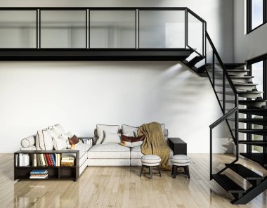 3D tasviri, büyük lüks, modern, parlak iç mekânlar sunuyor. Oturma odasındaki model bilgisayarlar dijital olarak oluşturuluyor.