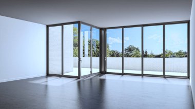 3D tasviri, büyük lüks, modern, parlak iç mekânlar sunuyor. Oturma odasındaki model bilgisayarlar dijital olarak oluşturuluyor.