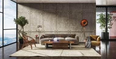 3D tasviri, büyük lüks, modern, parlak iç mekânlar sunuyor. Oturma odasındaki model bilgisayarlar dijital olarak oluşturuluyor.