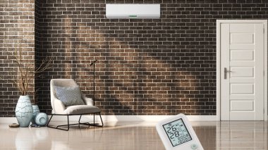 Büyük lüks, modern, aydınlık bir oturma odası. Klima modelleme çizimi 3D.