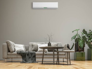 Büyük lüks, modern, aydınlık bir oturma odası. Klima modelleme çizimi 3D.