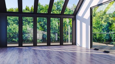 3D tasviri, büyük lüks, modern, parlak iç mekânlar sunuyor. Oturma odasındaki model bilgisayarlar dijital olarak oluşturuluyor.