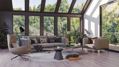 3D tasviri, büyük lüks, modern, parlak iç mekânlar sunuyor. Oturma odasındaki model bilgisayarlar dijital olarak oluşturuluyor.