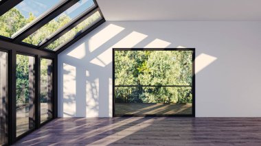 3D tasviri, büyük lüks, modern, parlak iç mekânlar sunuyor. Oturma odasındaki model bilgisayarlar dijital olarak oluşturuluyor.