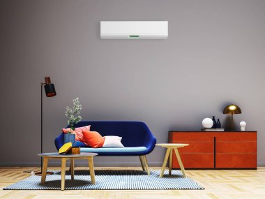 Büyük lüks, modern, aydınlık bir oturma odası. Klima modelleme çizimi 3D.