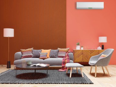 Büyük lüks, modern, aydınlık bir oturma odası. Klima modelleme çizimi 3D.