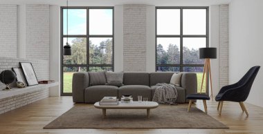 3D tasviri, büyük lüks, modern, parlak iç mekânlar sunuyor. Oturma odasındaki model bilgisayarlar dijital olarak oluşturuluyor.