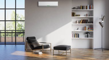 Büyük lüks, modern, aydınlık bir oturma odası. Klima modelleme çizimi 3D.