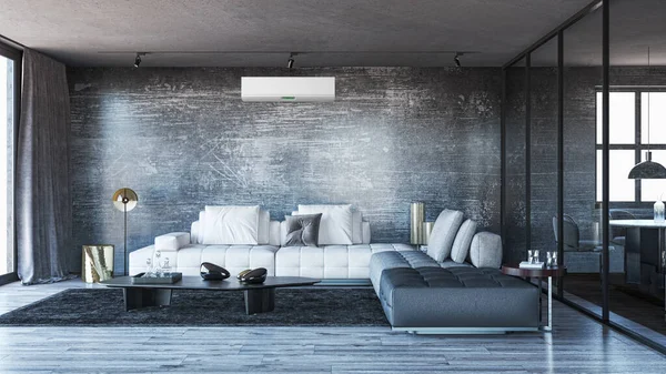 Große Luxus Moderne Helle Innenräume Wohnzimmer Mit Klimaanlage Attrappe Illustration — Stockfoto