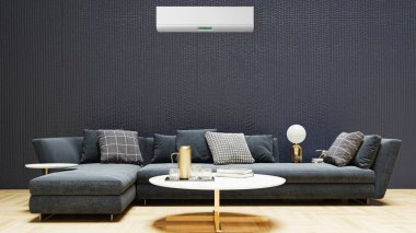 Büyük lüks, modern, aydınlık bir oturma odası. Klima modelleme çizimi 3D.