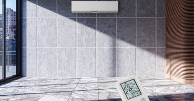 Büyük lüks, modern, aydınlık bir oturma odası. Klima modelleme çizimi 3D.