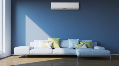 Büyük lüks, modern, aydınlık bir oturma odası. Klima modelleme çizimi 3D.