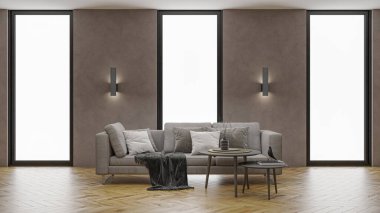 3D tasviri, büyük lüks, modern, parlak iç mekânlar sunuyor. Oturma odasındaki model bilgisayarlar dijital olarak oluşturuluyor.