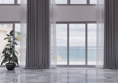 3D tasviri, büyük lüks, modern, parlak iç mekânlar sunuyor. Oturma odasındaki model bilgisayarlar dijital olarak oluşturuluyor.