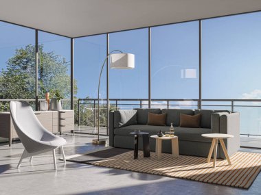 3D tasviri, büyük lüks, modern, parlak iç mekânlar sunuyor. Oturma odasındaki model bilgisayarlar dijital olarak oluşturuluyor.