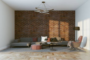 3D tasviri, büyük lüks, modern, parlak iç mekânlar sunuyor. Oturma odasındaki model bilgisayarlar dijital olarak oluşturuluyor.