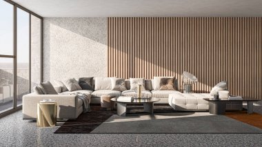 3D tasviri, büyük lüks, modern, parlak iç mekânlar sunuyor. Oturma odasındaki model bilgisayarlar dijital olarak oluşturuluyor.