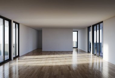 3D tasviri, büyük lüks, modern, parlak iç mekânlar sunuyor. Oturma odasındaki model bilgisayarlar dijital olarak oluşturuluyor.