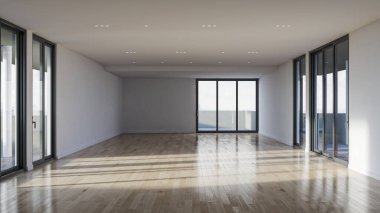 3D tasviri, büyük lüks, modern, parlak iç mekânlar sunuyor. Oturma odasındaki model bilgisayarlar dijital olarak oluşturuluyor.