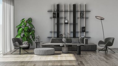 3D tasviri, büyük lüks, modern, parlak iç mekânlar sunuyor. Oturma odasındaki model bilgisayarlar dijital olarak oluşturuluyor.