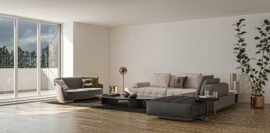 3D tasviri, büyük lüks, modern, parlak iç mekânlar sunuyor. Oturma odasındaki model bilgisayarlar dijital olarak oluşturuluyor.