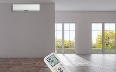 Büyük lüks, modern, aydınlık bir oturma odası. Klima modelleme çizimi 3D.