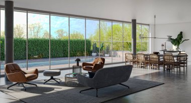 3D tasviri, büyük lüks, modern, parlak iç mekânlar sunuyor. Oturma odasındaki model bilgisayarlar dijital olarak oluşturuluyor.