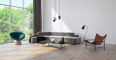 3D tasviri, büyük lüks, modern, parlak iç mekânlar sunuyor. Oturma odasındaki model bilgisayarlar dijital olarak oluşturuluyor.