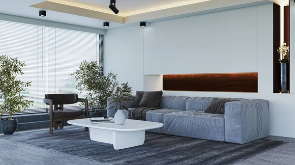 3D tasviri, büyük lüks, modern, parlak iç mekânlar sunuyor. Oturma odasındaki model bilgisayarlar dijital olarak oluşturuluyor.