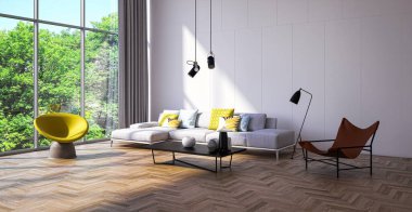 3D tasviri, büyük lüks, modern, parlak iç mekânlar sunuyor. Oturma odasındaki model bilgisayarlar dijital olarak oluşturuluyor.