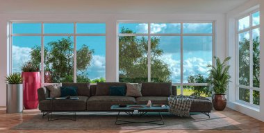 3D tasviri, büyük lüks, modern, parlak iç mekânlar sunuyor. Oturma odasındaki model bilgisayarlar dijital olarak oluşturuluyor.