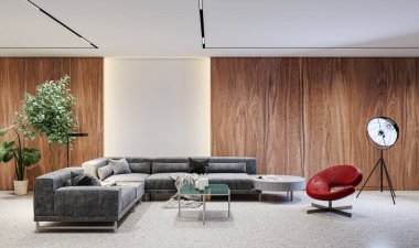 3D tasviri, büyük lüks, modern, parlak iç mekânlar sunuyor. Oturma odasındaki model bilgisayarlar dijital olarak oluşturuluyor.