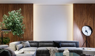 3D tasviri, büyük lüks, modern, parlak iç mekânlar sunuyor. Oturma odasındaki model bilgisayarlar dijital olarak oluşturuluyor.